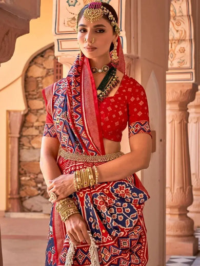 Charm of Navy Blue and Maroon Patola Silk Wedding Saree and Blouse